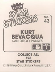1984 Fleer Star Stickers #43 Kurt Bevacqua Back