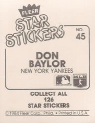 1984 Fleer Star Stickers #45 Don Baylor Back