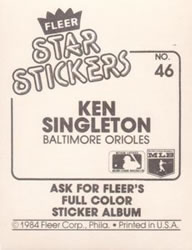 1984 Fleer Star Stickers #46 Ken Singleton Back