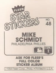 1984 Fleer Star Stickers #48 Mike Schmidt Back