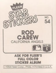 1984 Fleer Star Stickers #54 Rod Carew Back