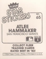 1984 Fleer Star Stickers #65 Atlee Hammaker Back