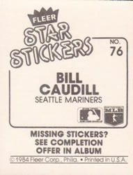 1984 Fleer Star Stickers #76 Bill Caudill Back