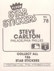 1984 Fleer Star Stickers #78 Steve Carlton Back