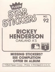 1984 Fleer Star Stickers #92 Rickey Henderson Back