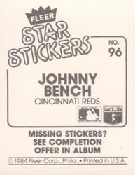 1984 Fleer Star Stickers #96 Johnny Bench Back