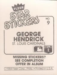 1984 Fleer Star Stickers #9 George Hendrick Back