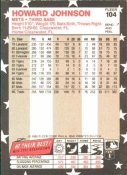 1988 Fleer Star Stickers #104 Howard Johnson Back