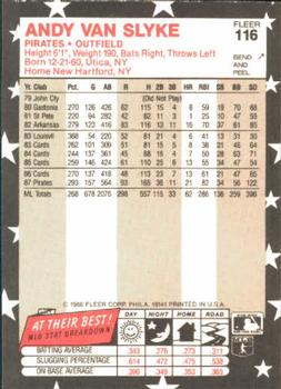 1988 Fleer Star Stickers #116 Andy Van Slyke Back