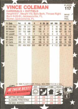 1988 Fleer Star Stickers #117 Vince Coleman Back