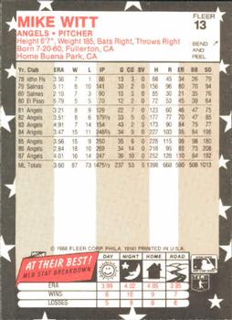 1988 Fleer Star Stickers #13 Mike Witt Back