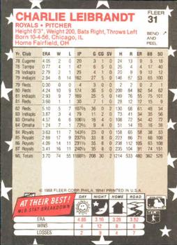 1988 Fleer Star Stickers #31 Charlie Leibrandt Back