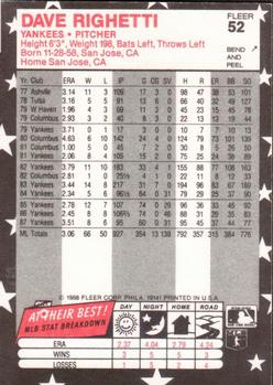 1988 Fleer Star Stickers #52 Dave Righetti Back