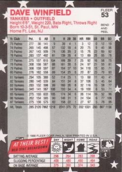 1988 Fleer Star Stickers #53 Dave Winfield Back