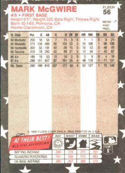 1988 Fleer Star Stickers #56 Mark McGwire Back