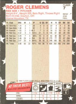 1988 Fleer Star Stickers #7 Roger Clemens Back