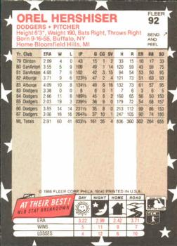 1988 Fleer Star Stickers #92 Orel Hershiser Back
