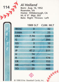 1990 Elite Senior League #114 Al Holland Back