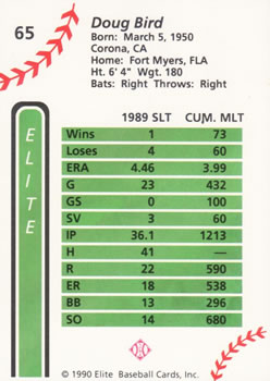 1990 Elite Senior League #65 Doug Bird Back