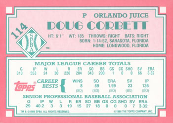 1989 Topps Senior League #114 Doug Corbett Back