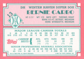 1989 Topps Senior League #13 Bernie Carbo Back