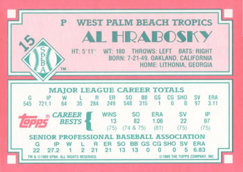 1989 Topps Senior League #15 Al Hrabosky Back