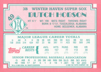 1989 Topps Senior League #49 Butch Hobson Back