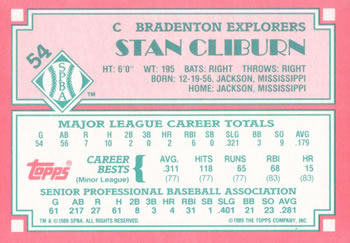 1989 Topps Senior League #54 Stan Cliburn Back
