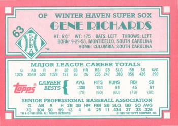 1989 Topps Senior League #63 Gene Richards Back