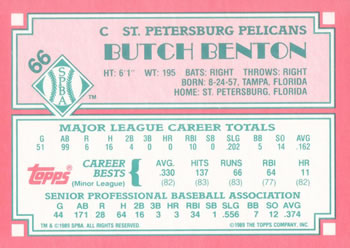 1989 Topps Senior League #66 Butch Benton Back