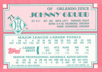 1989 Topps Senior League #71 Johnny Grubb Back