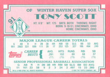 1989 Topps Senior League #91 Tony Scott Back
