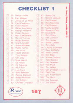 1990 Pacific Senior League #187 Checklist 1: 1-110 Back