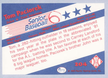 1990 Pacific Senior League #204 Tom Paciorek Back