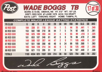 1990 Post Cereal #17 Wade Boggs Back