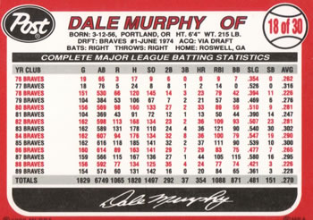 1990 Post Cereal #18 Dale Murphy Back