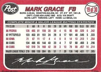 1990 Post Cereal #19 Mark Grace Back