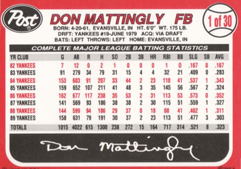 1990 Post Cereal #1 Don Mattingly Back