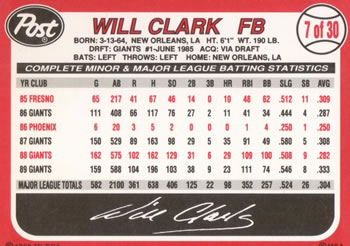 1990 Post Cereal #7 Will Clark Back