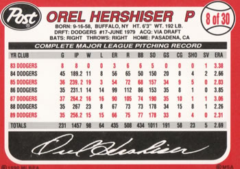 1990 Post Cereal #8 Orel Hershiser Back