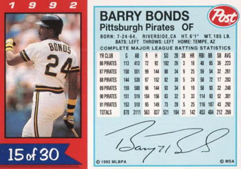 1992 Post Cereal #15 Barry Bonds Back