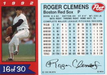 1992 Post Cereal #16 Roger Clemens Back