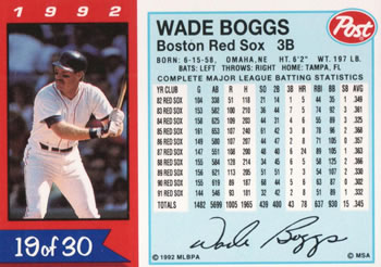 1992 Post Cereal #19 Wade Boggs Back