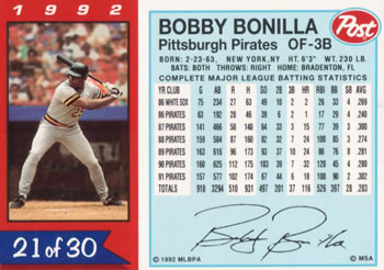 1992 Post Cereal #21 Bobby Bonilla Back