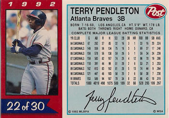 1992 Post Cereal #22 Terry Pendleton Back