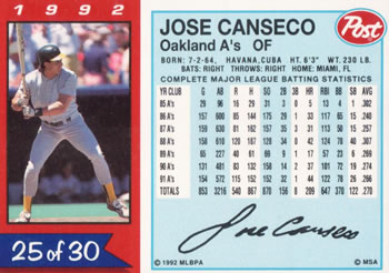 1992 Post Cereal #25 Jose Canseco Back