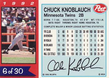 1992 Post Cereal #6 Chuck Knoblauch Back