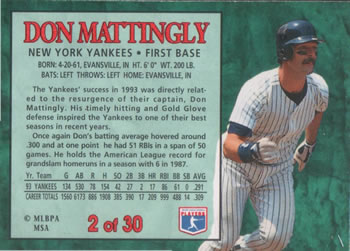 1994 Post Cereal #2 Don Mattingly Back