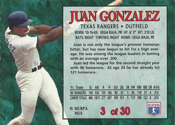 1994 Post Cereal #3 Juan Gonzalez Back