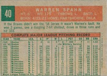 1959 Topps Venezuelan #40 Warren Spahn Back